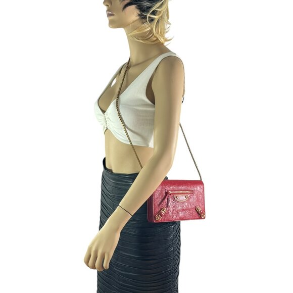 BALENCIAGA Red Leather Agneau Metallic Edge Clutch Crossbody Wallet on Chain - Picture 15 of 15
